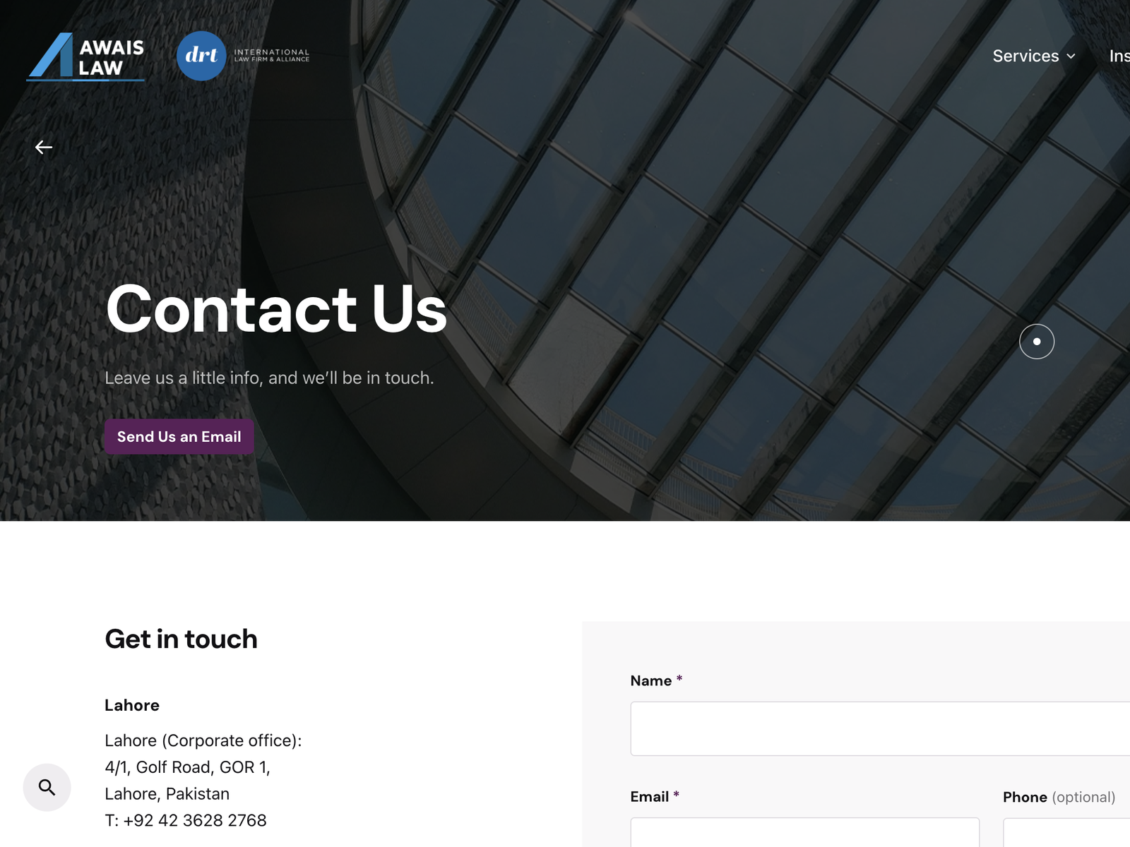 The Contact page — 'Leave us a little info, and we'll be in touch' with a Send Us an Email button, the Lahore corporate office address, and a short enquiry form