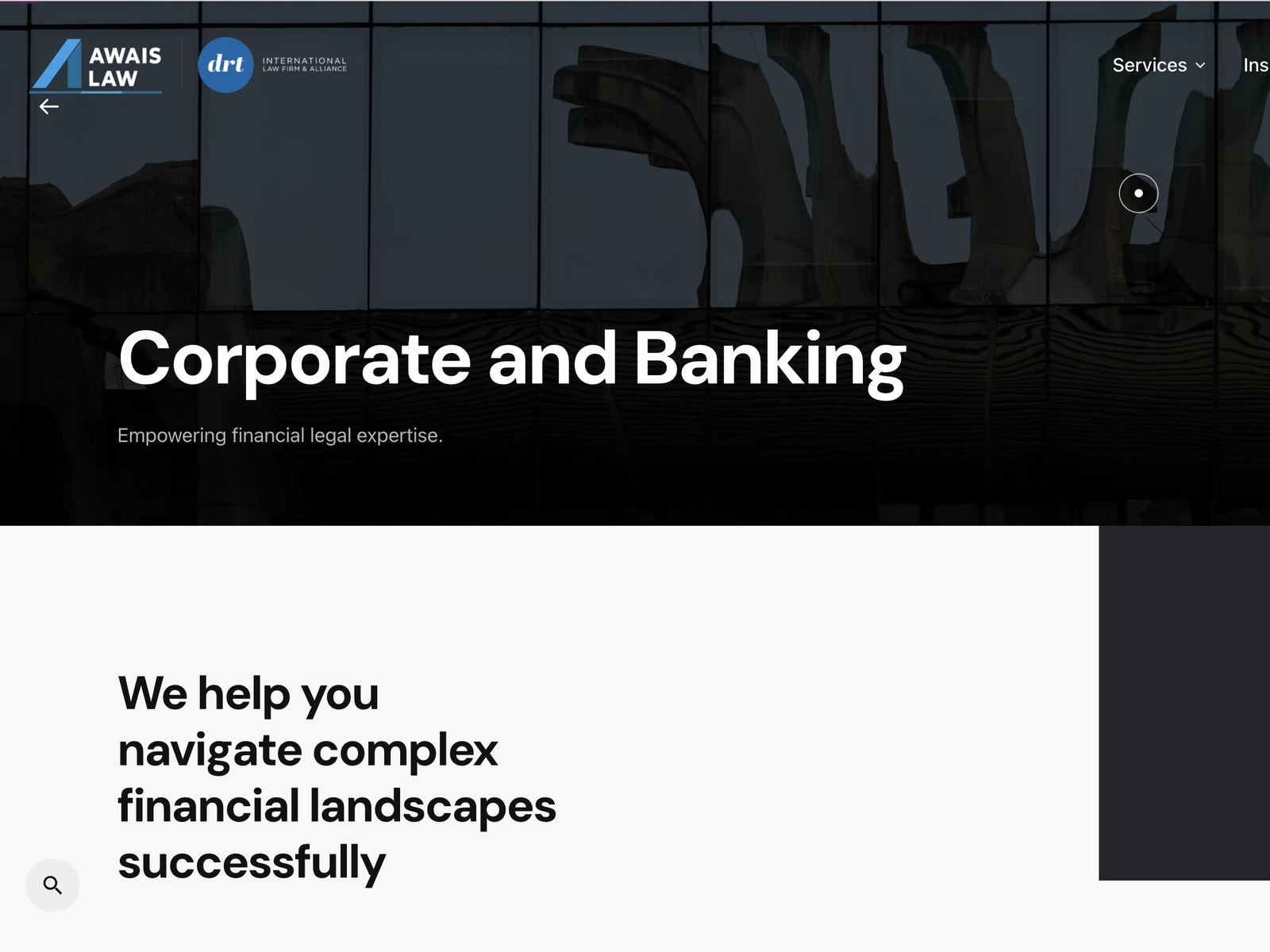 The Corporate and Banking practice-area page, headed 'Empowering financial legal expertise' above the line 'We help you navigate complex financial landscapes successfully'