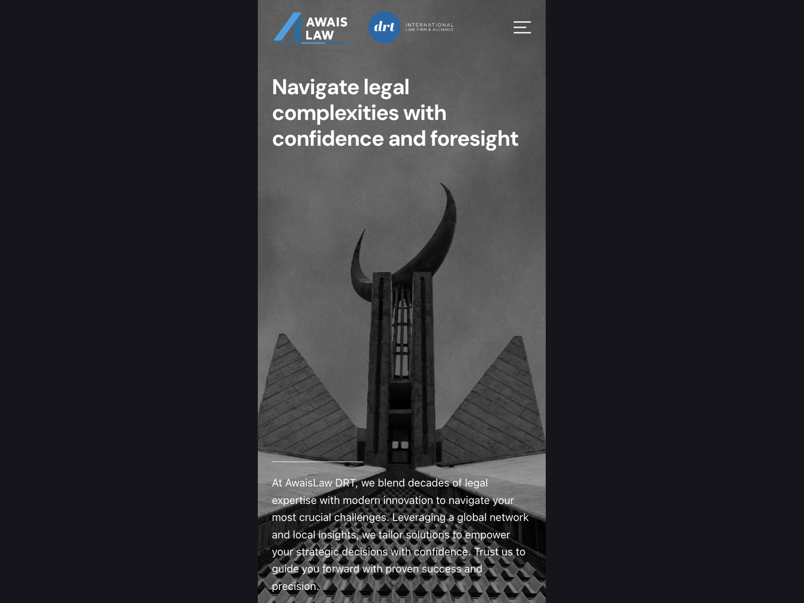 The homepage on a phone, with the hero headline stacked above the monument photograph and the introduction below it