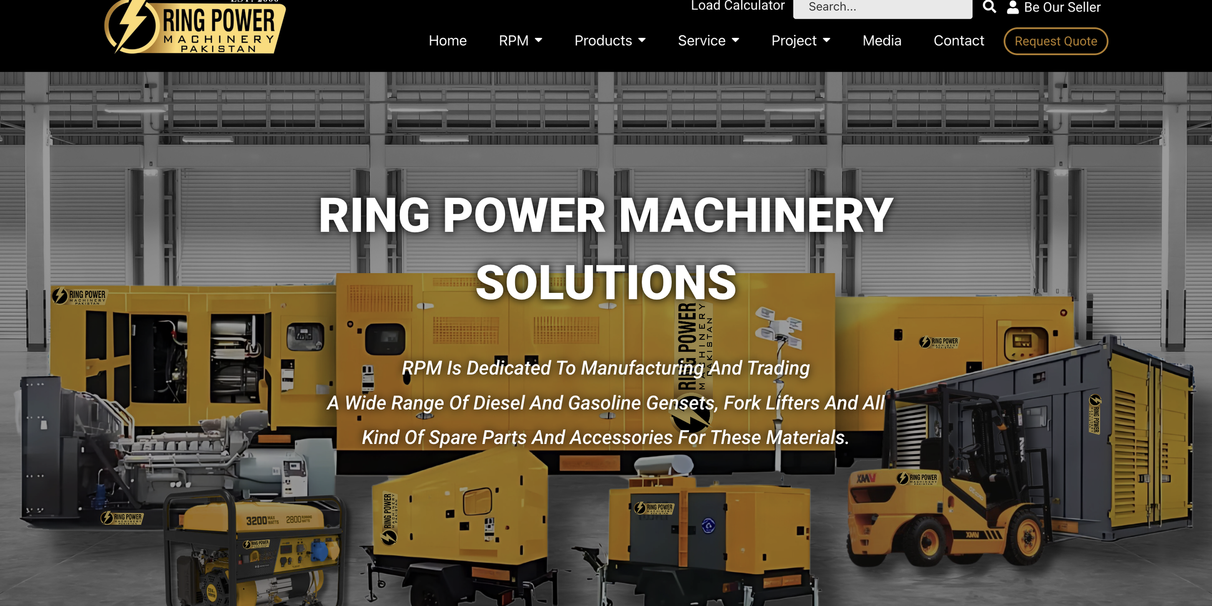 The RPM Pakistan homepage — the headline 'Ring Power Machinery Solutions' over a warehouse line-up of diesel and gasoline gensets, a mobile lighting tower and a forklift, with Load Calculator and Request Quote in the navigation