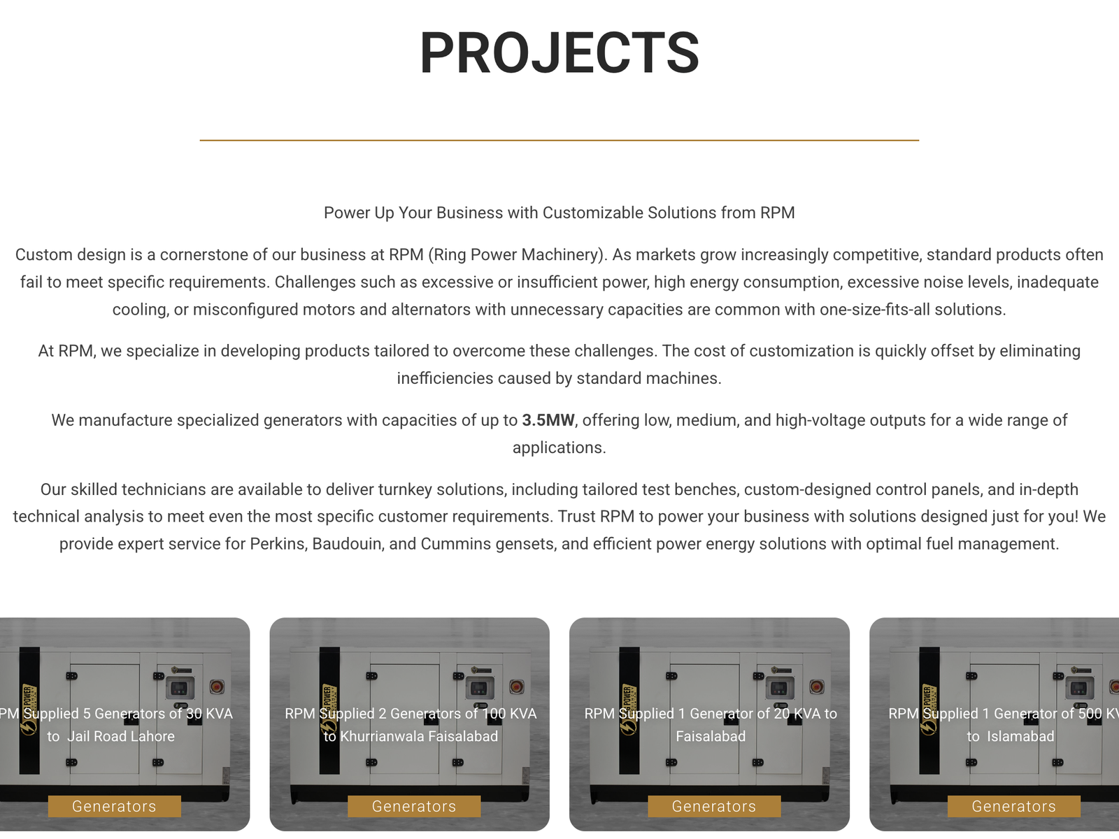 The Projects page explaining RPM's custom builds up to 3.5MW, above cards for real installations — 5 generators of 30 KVA to Jail Road Lahore, 2 of 100 KVA to Khurrianwala Faisalabad, and a 500 KVA unit to Islamabad