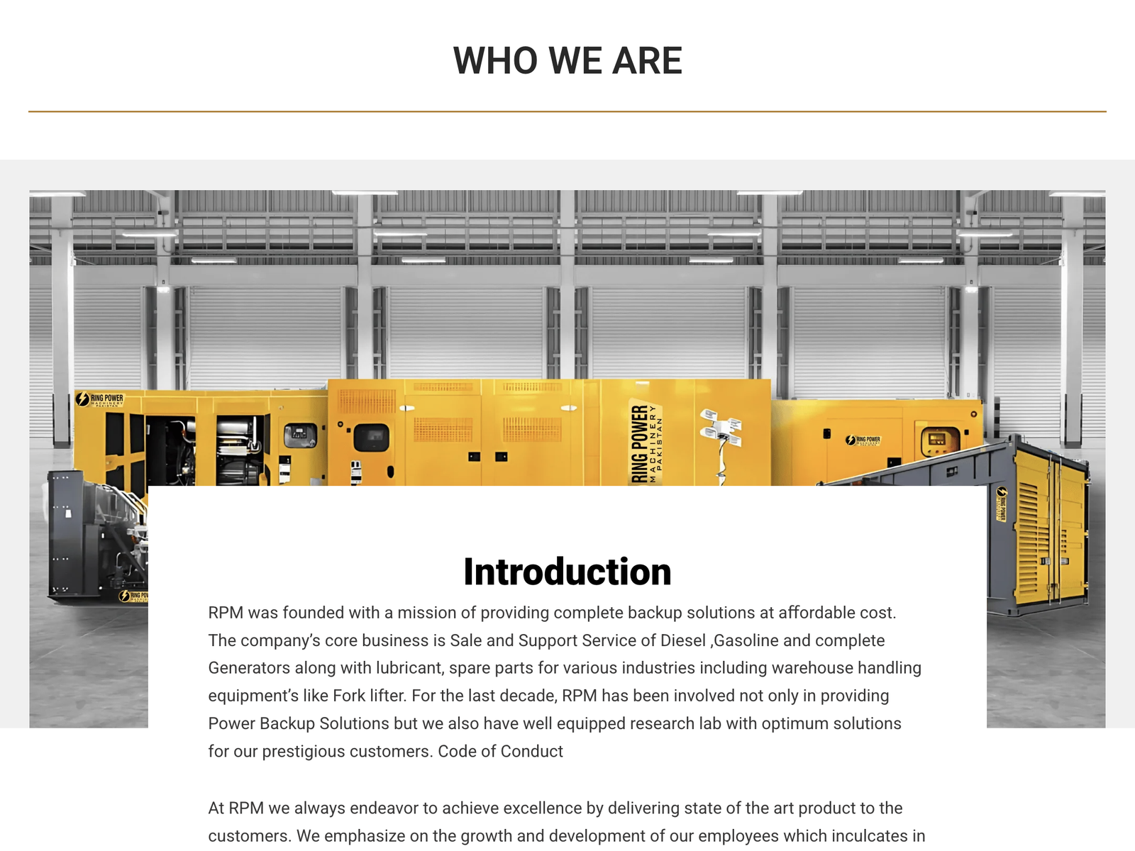 The 'Who we are' section, introducing RPM's backup power business over a full-width photograph of gensets on the warehouse floor