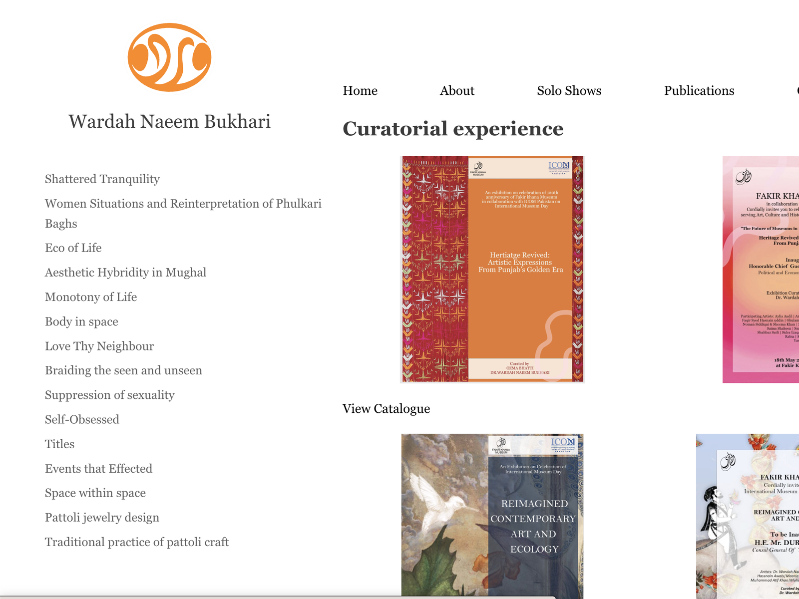 The Curatorial experience page, showing exhibition posters from Fakir Khana Museum including 'Heritage Revived: Artistic Expressions From Punjab's Golden Era' and 'Reimagined Contemporary Art and Ecology'