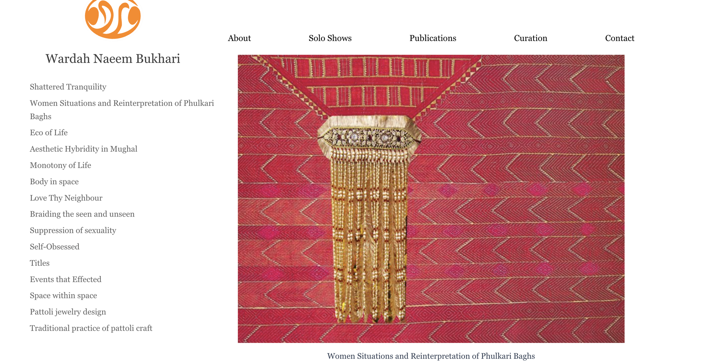 The Wardah Naeem Bukhari homepage — a crimson and gold Phulkari bagh filling the page, captioned 'Women Situations and Reinterpretation of Phulkari Baghs', with the full index of works running down the left