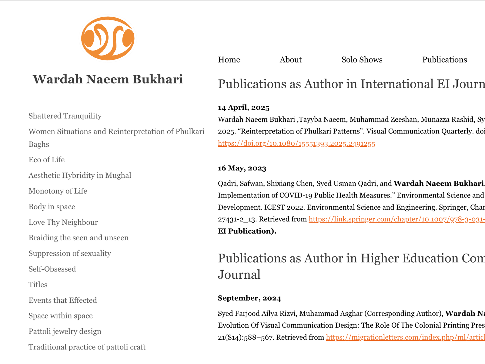 The Publications page listing peer-reviewed papers by year, including 'Reinterpretation of Phulkari Patterns' in Visual Communication Quarterly, each with a DOI link