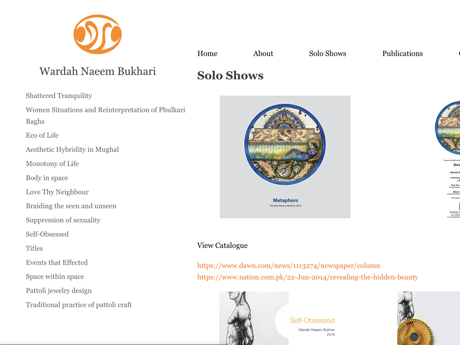 The Solo Shows page, opening with the catalogue cover for the 2014 exhibition 'Metaphors' alongside its invitation and links to press coverage in Dawn and The Nation